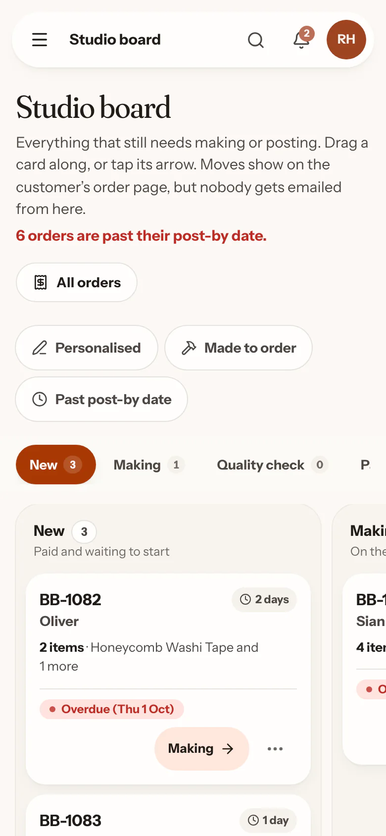 The studio board on a phone, with the first order card under New