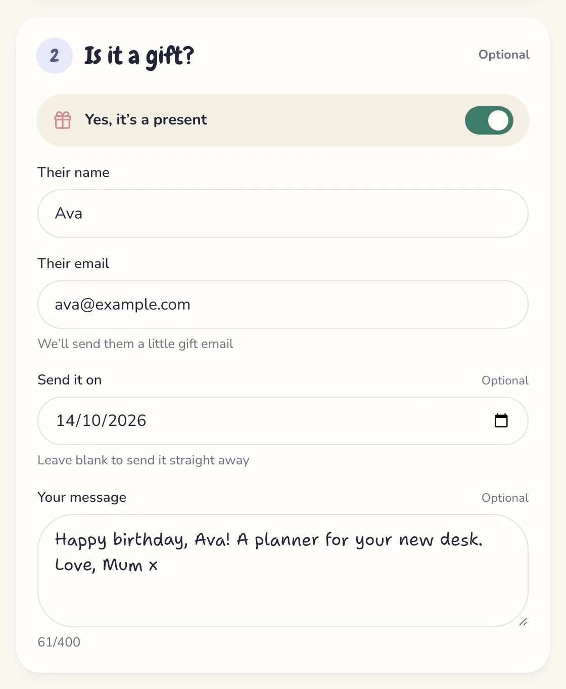 The checkout’s gift step: their name, Ava, their email, a date to send it on, and a birthday message