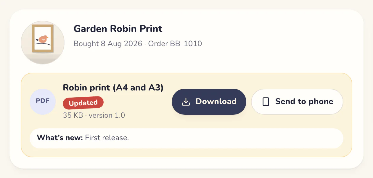 A download in a buyer’s library: Robin print (A4 and A3), marked Updated, with Download and Send to phone buttons
