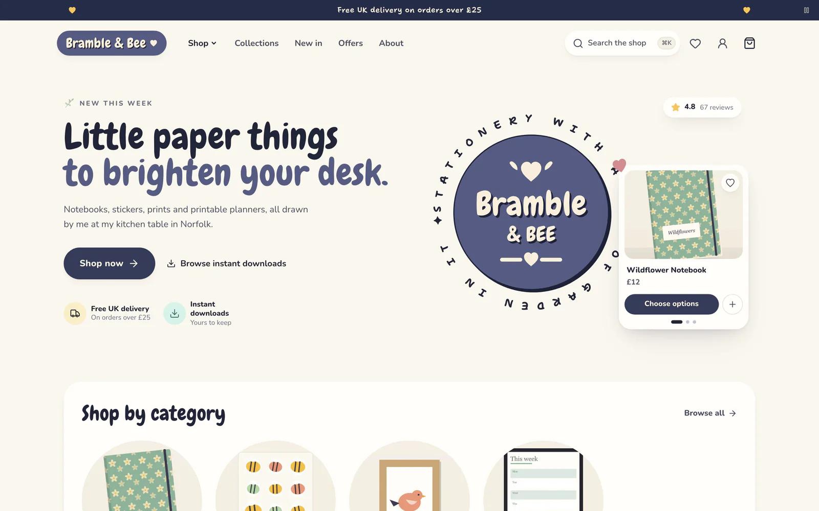 The home page of Bramble & Bee, a demo shop in the Den template